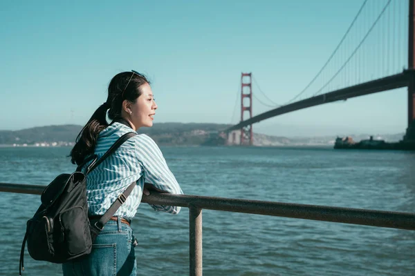 Girl Backpacker Smiling Enjoy Sightseeing Beautiful Nature View Blue Sky — Stock Photo, Image