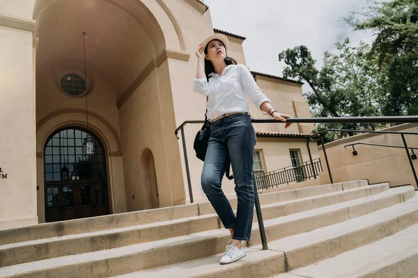 Full Length Elegant Charming College Girl Standing Stairs Relaxing Handrail — Stock Photo, Image
