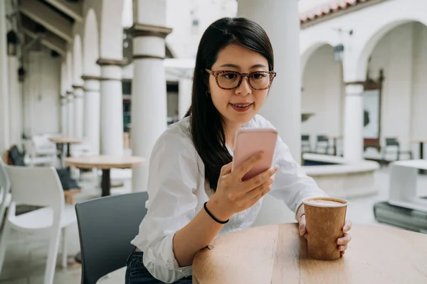 Smiling Asian Woman Glasses Texting Message Chatting Online Smartphone Young — Stock Photo, Image