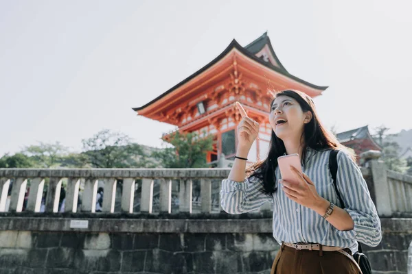 Happy Young Female College Girl Student Tourist Searching Location Smartphone — Stock Photo, Image