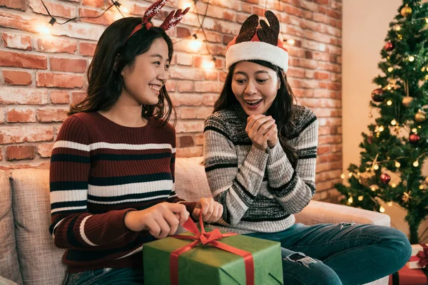 Asiatiska Damen Glada Hålla Händerna Tittar Grön Presentbox Unga Syster — Stockfoto