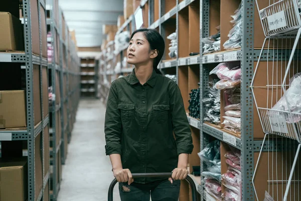 Worker pushing cart walking in in stockroom — Stock Photo, Image