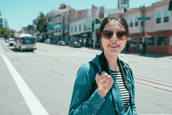 Summer portrait of happy girl walking on street — Stock Photo, Image