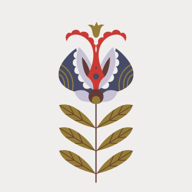 Dekoratif yapraklar ve yapraklarla halk sanatı çiçeğinin renkli bir tasviri. Geleneksel etnik motif modern düz stilde. Tekstil tasarımı, baskılar ve festival dekorasyonu için simetrik süs