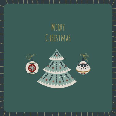 Hoş bir Noel tebrik kartı, şık bir Noel ağacı ve İskandinav tarzı süslemeler kış tatilleri için koyu yeşil arka planda şölen havası, mevsimlik tasarım ve neşeli bir kutlama.