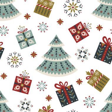 İskandinav halk Noel ağaçları ve hediyesiyle eğlenceli, kusursuz kış şablonu. Kağıt, kumaş, kart ve tatil projeleri için süs ve kar taneleriyle el çizimi festival vektör tasarımı