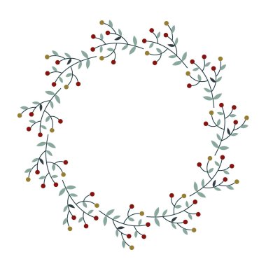 İskandinav halk tarzında kırmızı böğürtlenli narin dallardan yapılmış minimalist Noel çelengi. Tatil kartları, davetiyeler ve mevsimlik dekorlar için mükemmel bir şenlik çerçevesi. Vektör illüstrasyonu