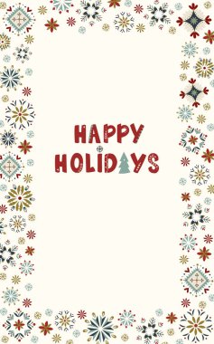 İskandinav halk tarzında harflerle ve kar taneleri süsüsüyle mutlu bayramlar kartı. Noel kutlaması, bayram dekorasyonu, mevsimlik projeler için kırmızı ve yeşil renkli İskandinav vektör tasarımı