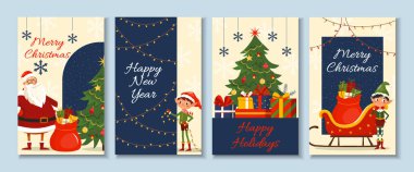 Set of winter holidays cards with Santa Claus, red sleigh full of gifts and cheerful elf Festive vector templates with fun cartoon characters Cute kids design for print, card, flyer, banner. Merry Christmas 2026 cover