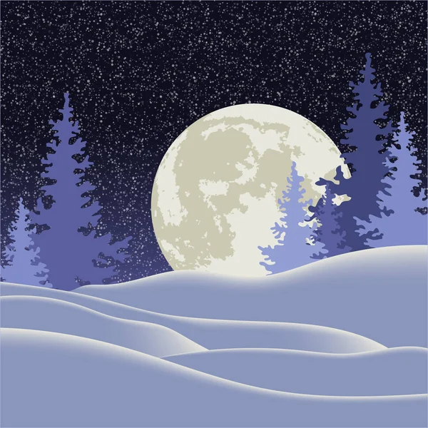 Vectorillustratie. Kerstmis. Nacht winterlandschap met een volle maan — Stockvector