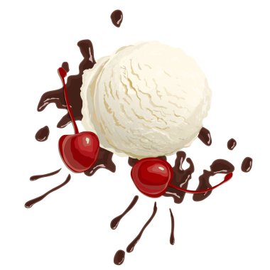 Vanilyalı dondurma ile çikolata sosu ve kiraz beyaz arka plan, üstten görünüm