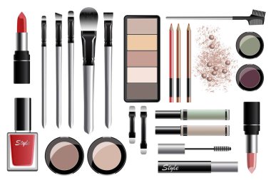 Farklı gerçekçi Dekoratif kozmetik büyük set. Vektör Illustration
