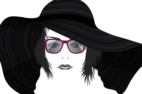 Retrato de moda de joven hermosa dama en sombrero y gafas de sol estilizadas — Vector de stock