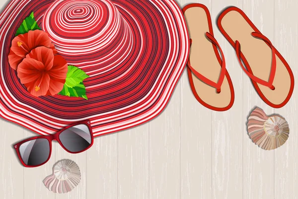 Roter Hut und Flip-Flops mit Muscheln und Hibiskusblüten. — Stockvektor