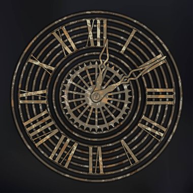 Antika, Steampunk kahverengi, paslı arka plan üzerinde pas dişliler ile saatler.