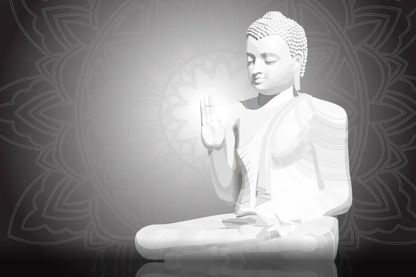 Meditating white Buddha posture on black mandala background — Stock Vector