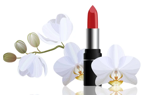Piros fényes rúzs fehér orchideával alkotó fogalom — Stock Vector
