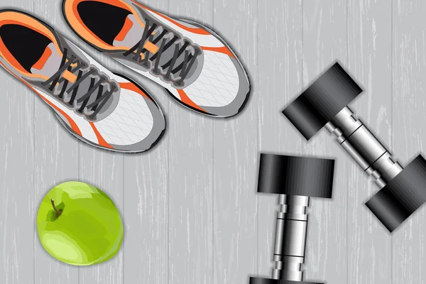 Фитнес-оборудование. Apple, гантели и спортивная обувь, спортивная концепция — стоковый вектор