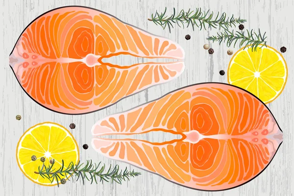 Zalm rauwe steak rode vis bovenaanzicht vector illustratie — Stockvector