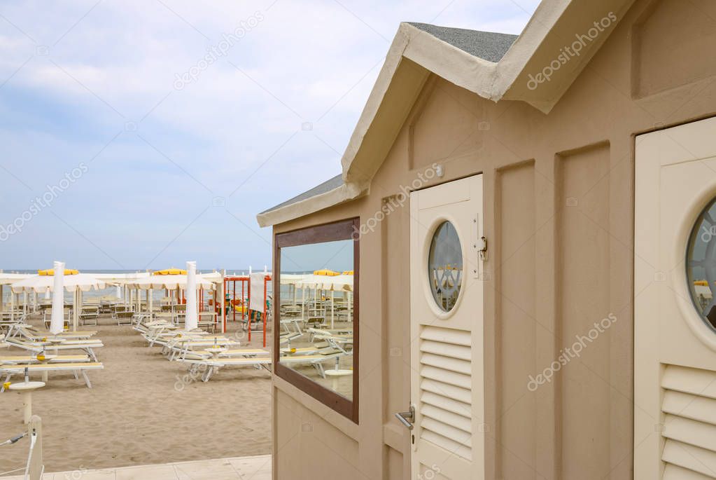 Beige beach cabin on the beach, Italy, Riccione