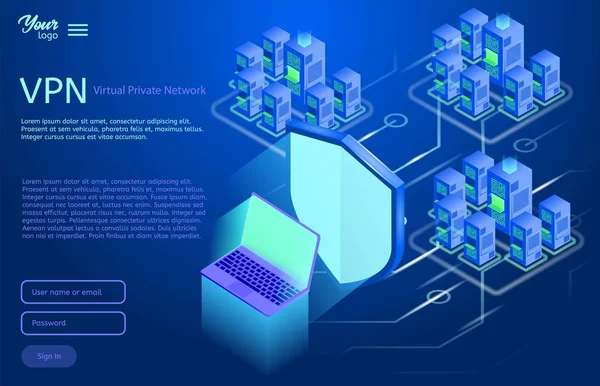 Sikker virtuelt privat netværk koncept. Isometrisk vektor illustration af vpn service . – Stock-vektor