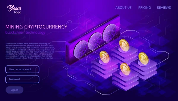 Blockchain systemu lub technologii. Proces wyszukiwania. Bitcoin kryptowaluta farmy serwerów. — Wektor stockowy