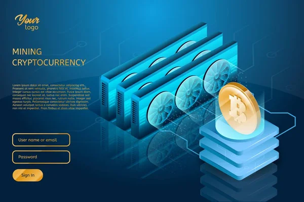 Proces van de mijnbouw van de Bitcoin cryptocurrency. Blockchain-technologie. — Stockvector