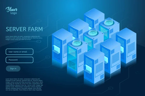 Veri merkezi izometrik vektör çizim. Web sunucu Oda raf hosting kavramı.