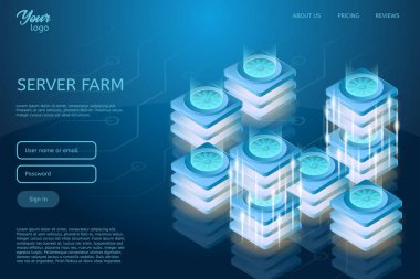 Fütüristik tasarım web hosting ve veri merkezi izometrik vektör çizim. Sunucu Oda raf kavramı.