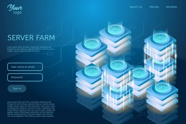 Sunucu Oda raf kavramı. İzometrik vektör çizim atak ve veri merkezi.