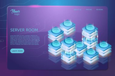 Sunucu Oda raf kavramı. İzometrik vektör çizim atak ve veri merkezi.