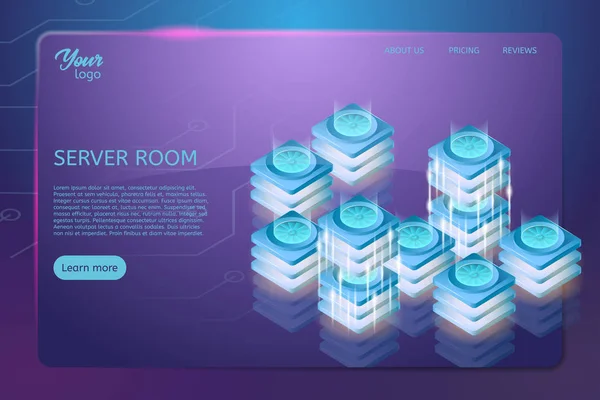 Concept of server room rack. Web hosting and data center isometric vector illustration. — Stock Vector
