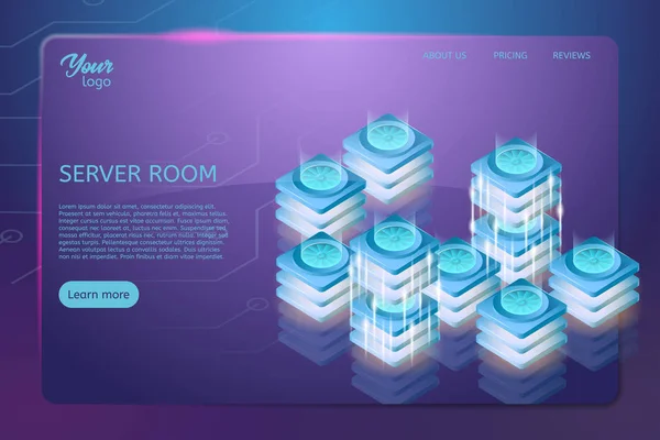サーバー ルームのラックの概念。Web ホスティング、データ センター等尺性ベクトル図. — ストックベクタ
