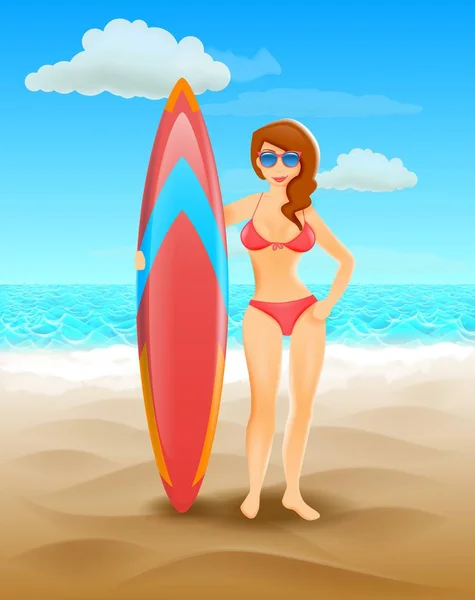 해변에서 서핑 소녀입니다. 서핑 보드와 함께 여자입니다. 여름 열 대 휴가. — 스톡 벡터