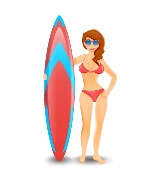 여자는 흰색 배경에 고립 서핑 보드를 들고입니다. 벡터 일러스트입니다. 해변 휴가 서핑. — 스톡 벡터