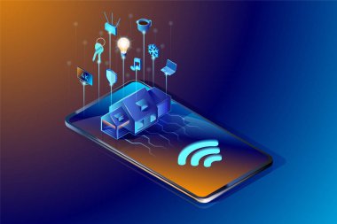 Akıllı ev teknolojisi. İzometrik vektör çizim. Soyut tasarım konsepti ev otomasyon sistemi.