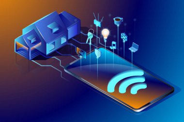 Akıllı ev teknolojisi. İzometrik vektör çizim. Ev otomasyon sistemi kavramı soyut tasarım.