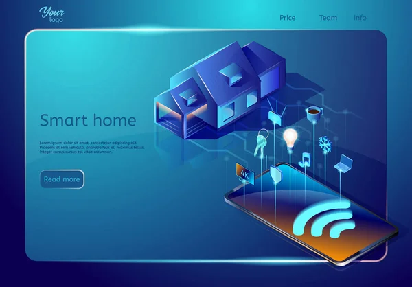 Έξυπνη οικιακή τεχνολογία πρότυπο της ιστοσελίδας. Ισομετρική διανυσματικά εικονογράφηση. Αφηρημένο σχέδιο. — Διανυσματικό Αρχείο