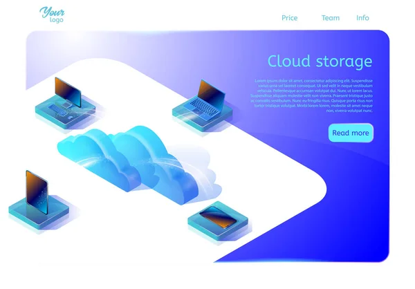 Cloud data storage web page template for web development. Isometric vector illustration. Design concept for websites. — Stock Vector