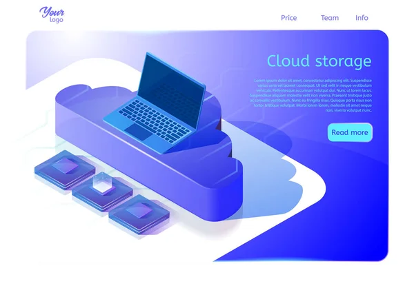 Modello di pagina web di archiviazione dati cloud per siti Web. Illustrazione isometrica vettoriale. Concetto di progettazione per lo sviluppo web . — Vettoriale Stock