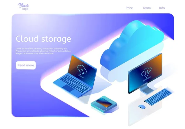 Cloud data storage concept. Isometric web page template. Vector illustration showing devices and cloud on the surface. — Stock Vector