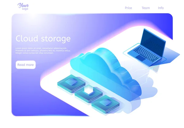 雲のデータ ストレージの概念。Web ページ テンプレートです。表面にデバイスやクラウドを示す等角図のベクトル図. — ストックベクタ