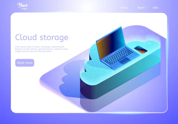 Cloud data storage abstract concept. Isometric web page template. Vector illustration depicting devices on the cloud. — Stock Vector