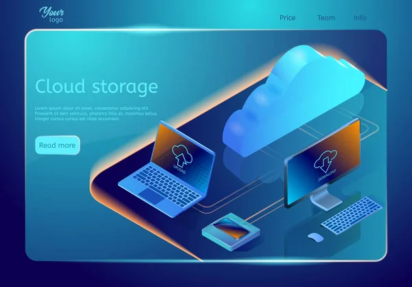 Bulut veri depolama. Vektör web sayfası şablonu. İzometrik çizimde online veri barındırma kavramı tasvir. — Stok Vektör