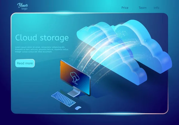 Bulut depolama web sayfası şablonu. Soyut tasarım konsepti. İzometrik vektör çizim. — Stok Vektör