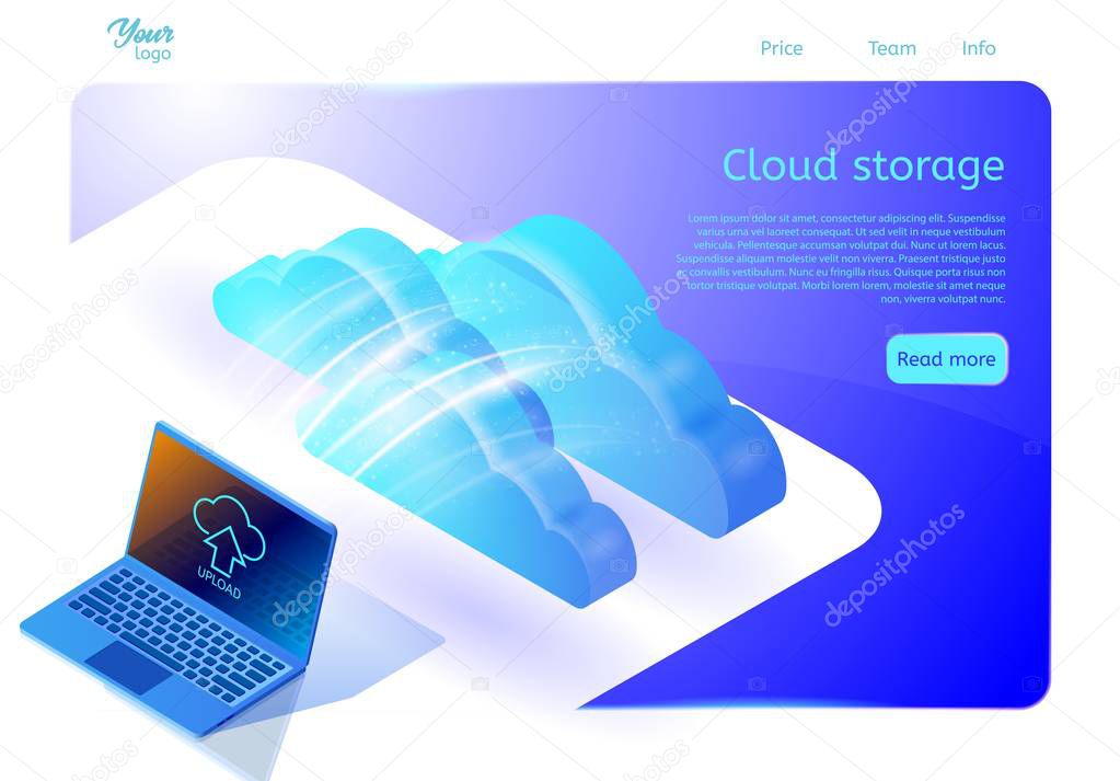 Cloud data storage web page template for websites about cloud computing services. Isometric vector illustration.