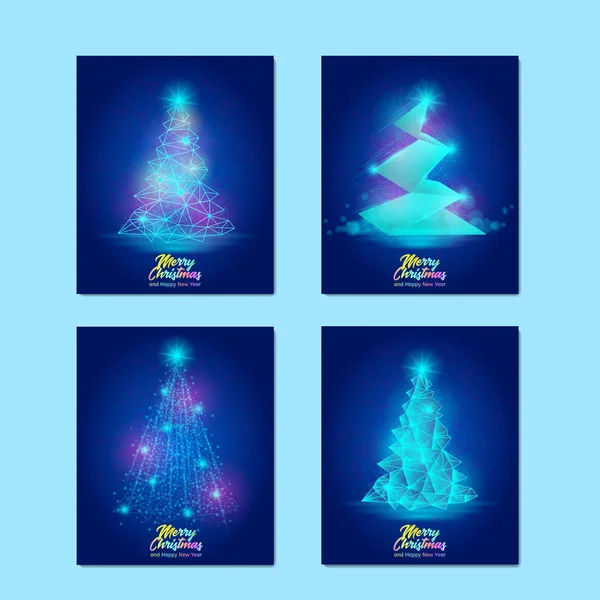 Ensemble de cartes de voeux de Noël. Illustrations vectorielles de l'arbre de Noël abstrait sur fond bleu . — Image vectorielle