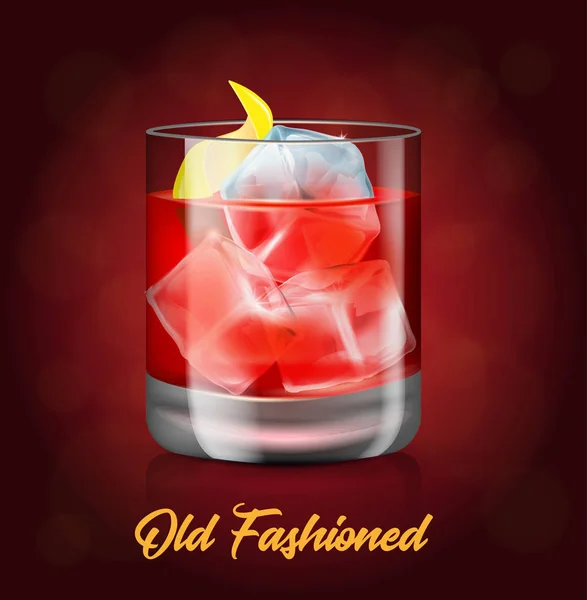 The glass of old-fashioned cocktail on the red background.Vector illustration of an alcoholic drink. — Stock Vector