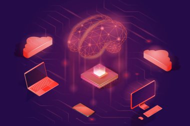 Neural ağ kavramı. Yapay zeka izometrik vektör çizim.