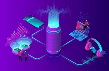 Online müzik akışı kavramı. Düz izometrik vektör çizim.